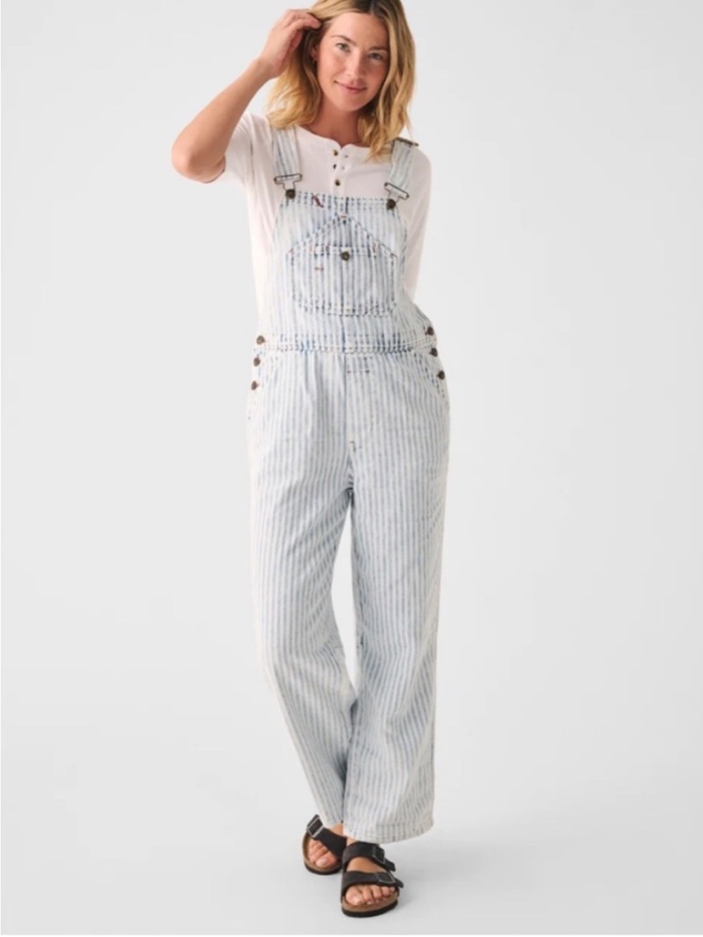 Faherty Light Blue & White Striped Denim Overalls